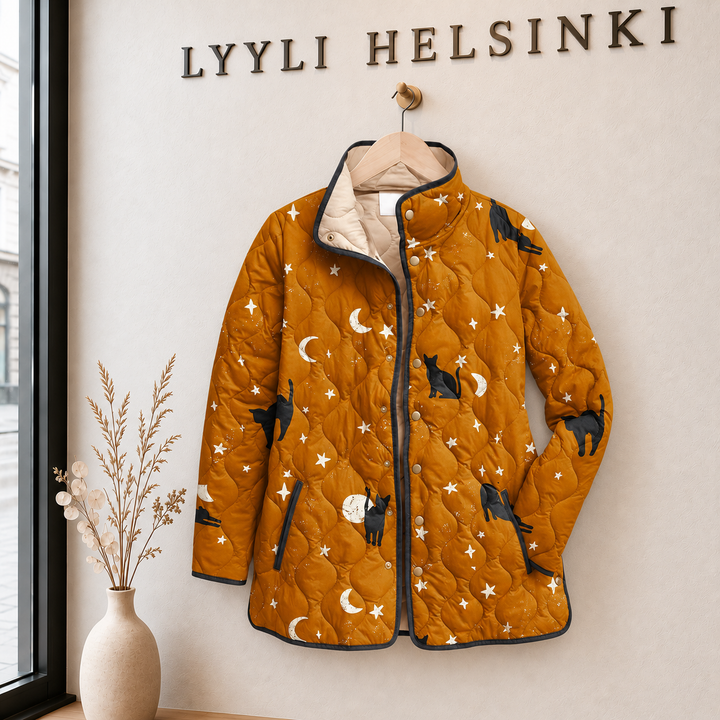Tuija | Sinapinkeltainen kissakuosinen tikkitakki
