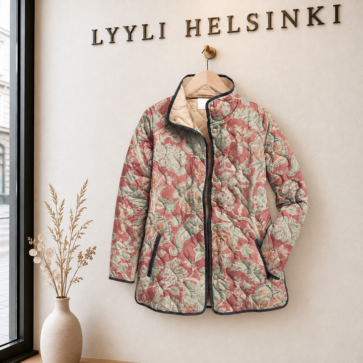 Sirkku | Roosa vintagehenkinen kukkakuosinen tikkitakki