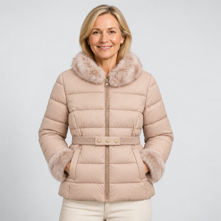 Sanni beige toppatakki tekoturkiskauluksella